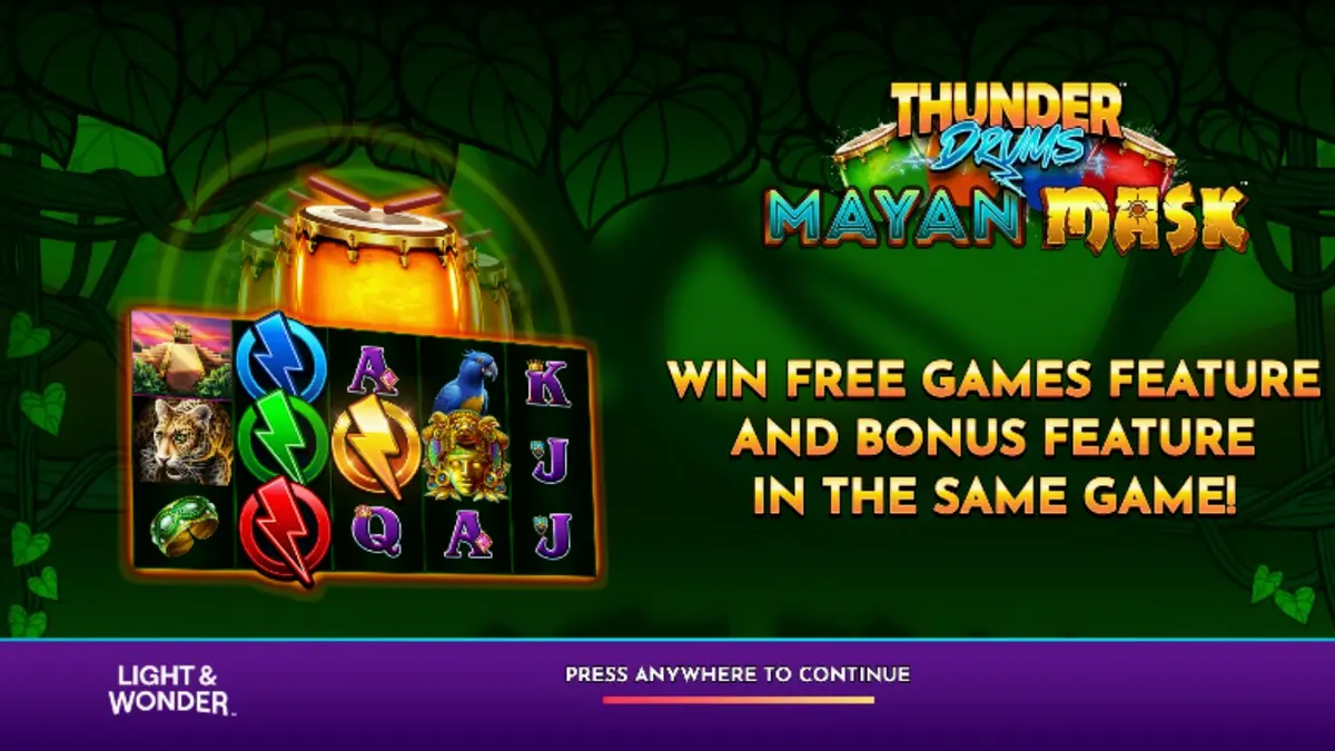 Interface do jogo Thunder Drums Mayan Mask com máscaras douradas e elementos de tempestade